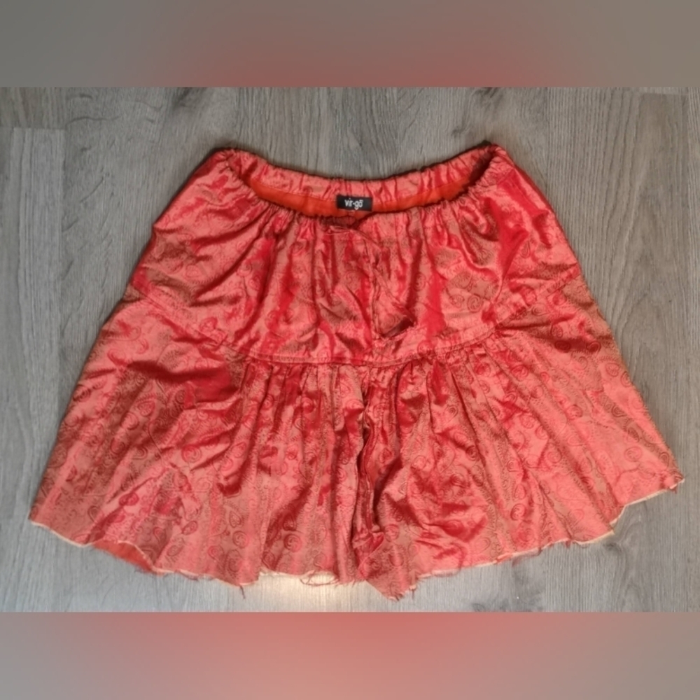 Y2K Neo-Vintage Eco-lux Red Gold Deconstruct Patchwork crinkled volume skirt